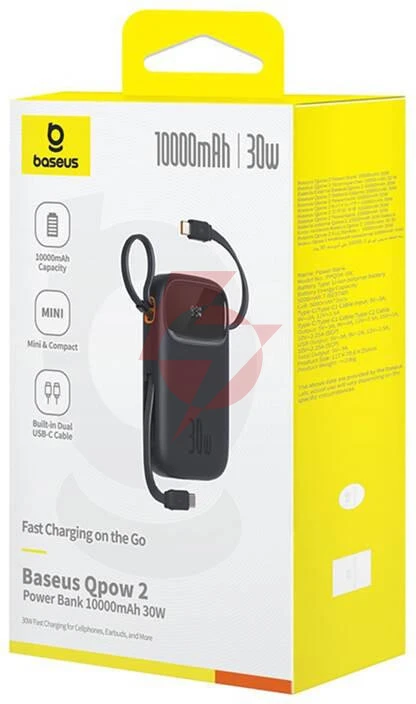 Powerbank baseus qpow 2 10000mah 30w z 2 wbudowanymi kablami usb-c - czarny