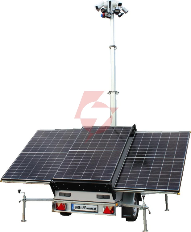 Przyczepa wieża do monitoringu pv3 z zabudową z zasilaniem solarnym
