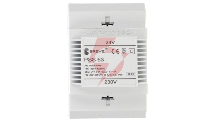 Transformator 1-fazowy modułowy bezpieczeństwa PSS 63 230/ 24V 2,6A, na szynę DIN, IP30, Ta 40, 16024-9979