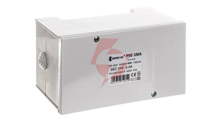 Transformator 1-fazowy bezpieczeństwa PVS 120/A 230/ 24V 5,0A, w obudowie, IP54, Ta 40, 16024-9995