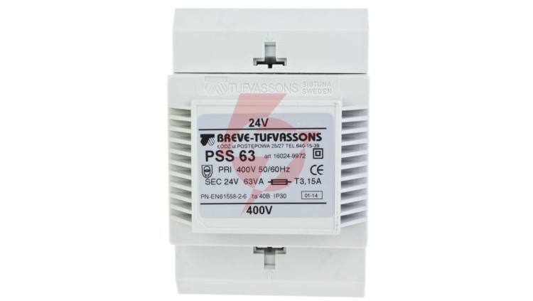 Transformator 1-fazowy modułowy bezpieczeństwa PSS 63 400/ 24V 2,6A, na szynę DIN, IP30, Ta 40, 16024-9972